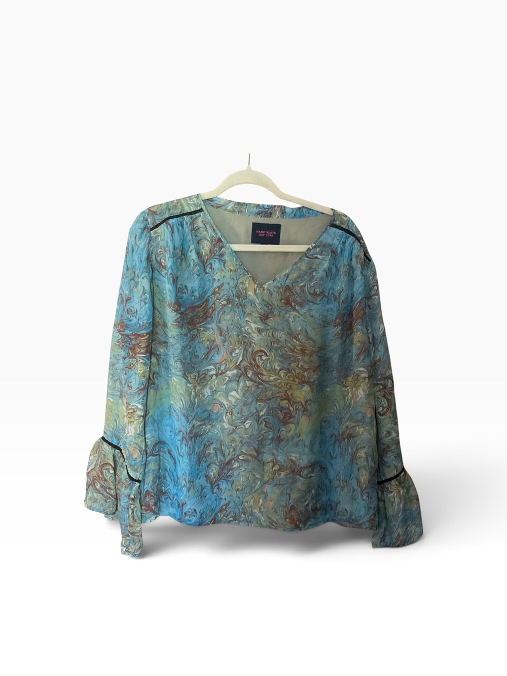 Hamptonite New York XL 100% Silk Abstract Swirl Bell Sleeve Blouse